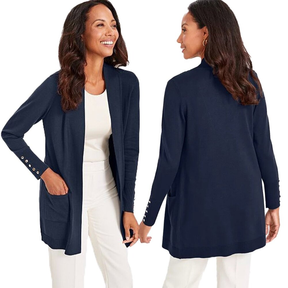 89th & Madison Cardigan Womens Size S Navy Open Front Pockets Long Knit Sweater